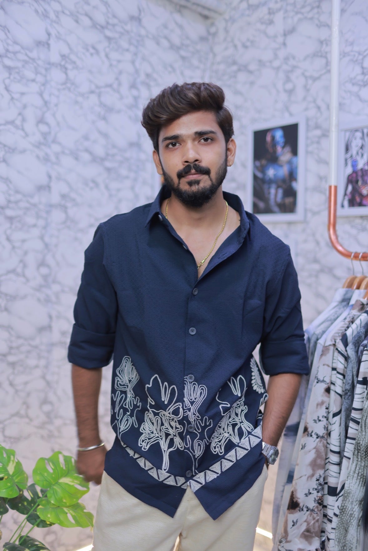 Navy-Blue Embroidery Full-Hand Shirt
