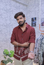 Wine Embroidery Full-Hand Shirt