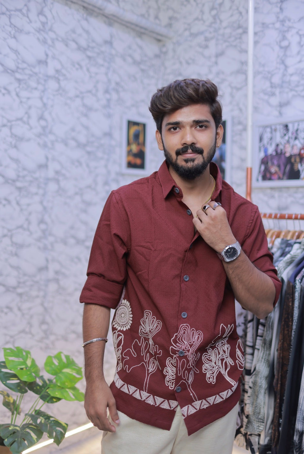 Wine Embroidery Full-Hand Shirt