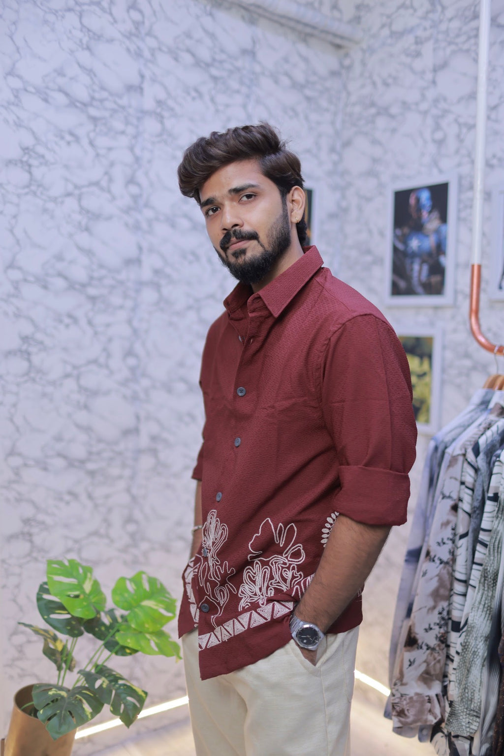 Wine Embroidery Full-Hand Shirt