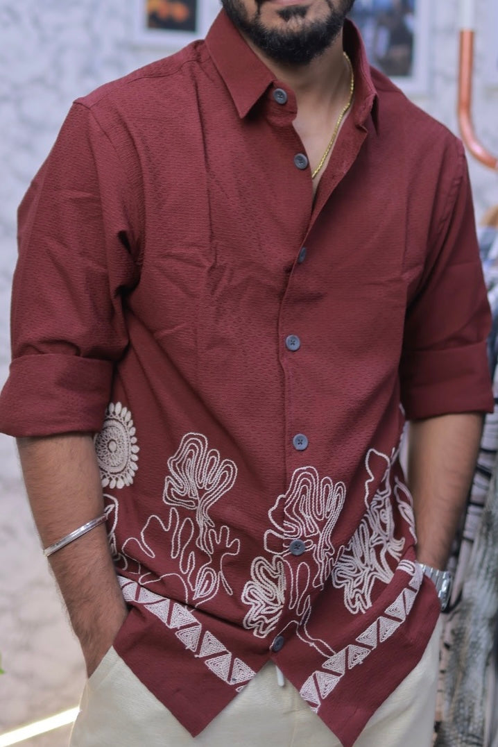 Wine Embroidery Full-Hand Shirt