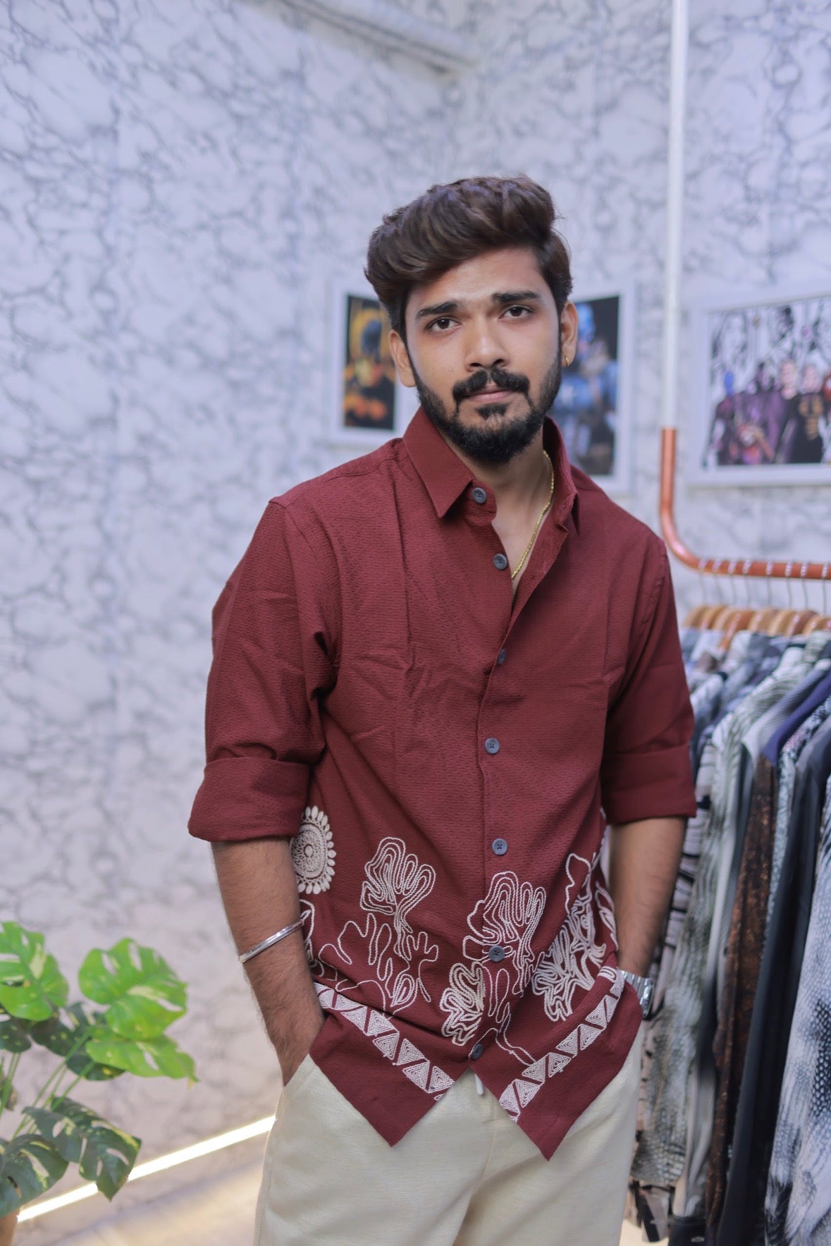 Wine Embroidery Full-Hand Shirt