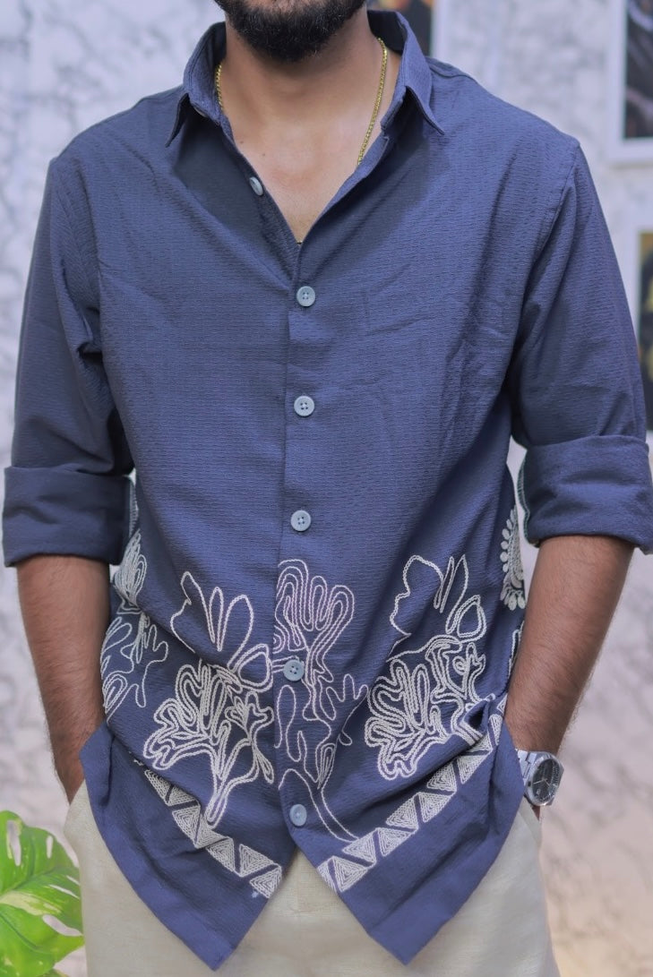 Grey-Blue Embroidery Full-Hand Shirt