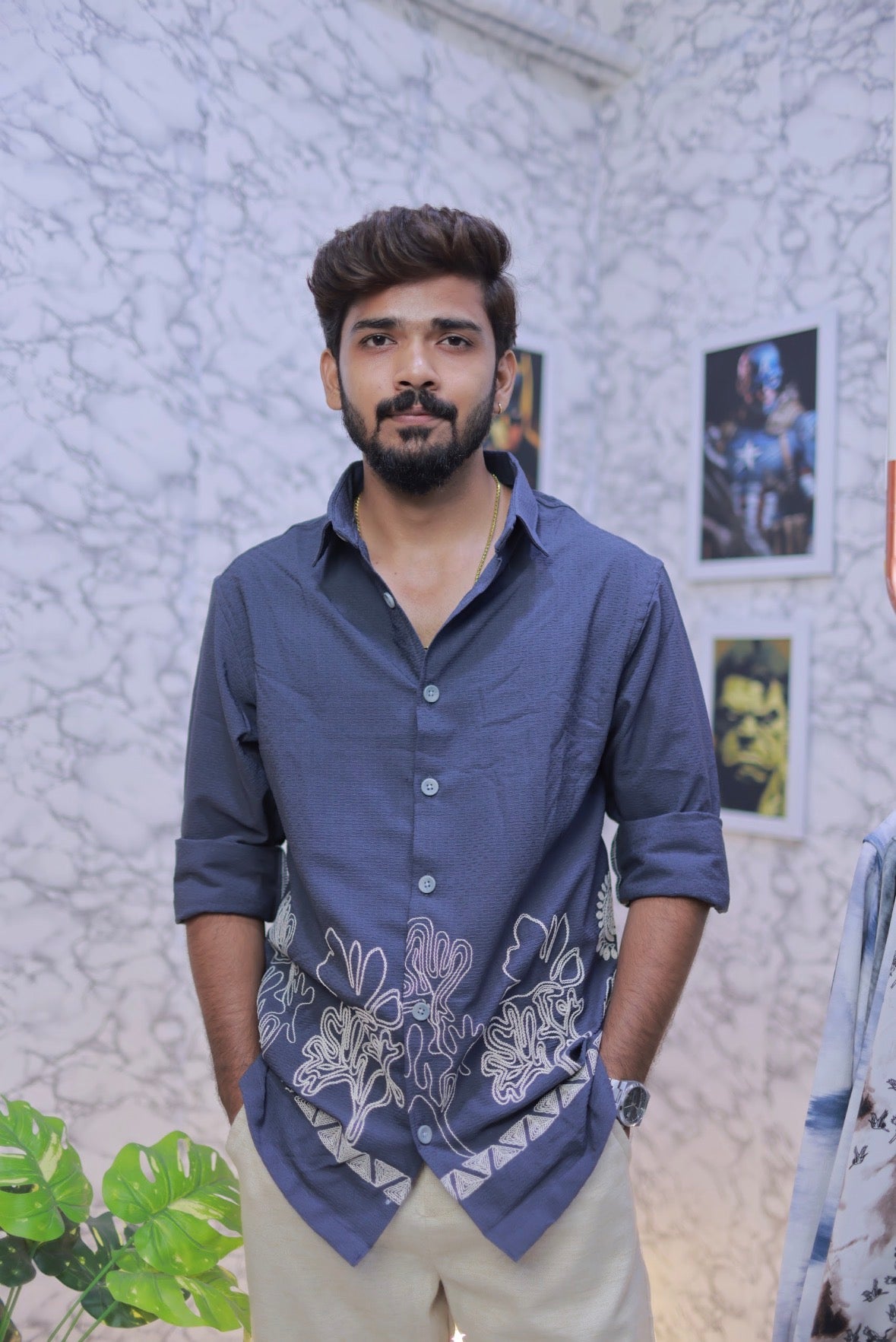 Grey-Blue Embroidery Full-Hand Shirt