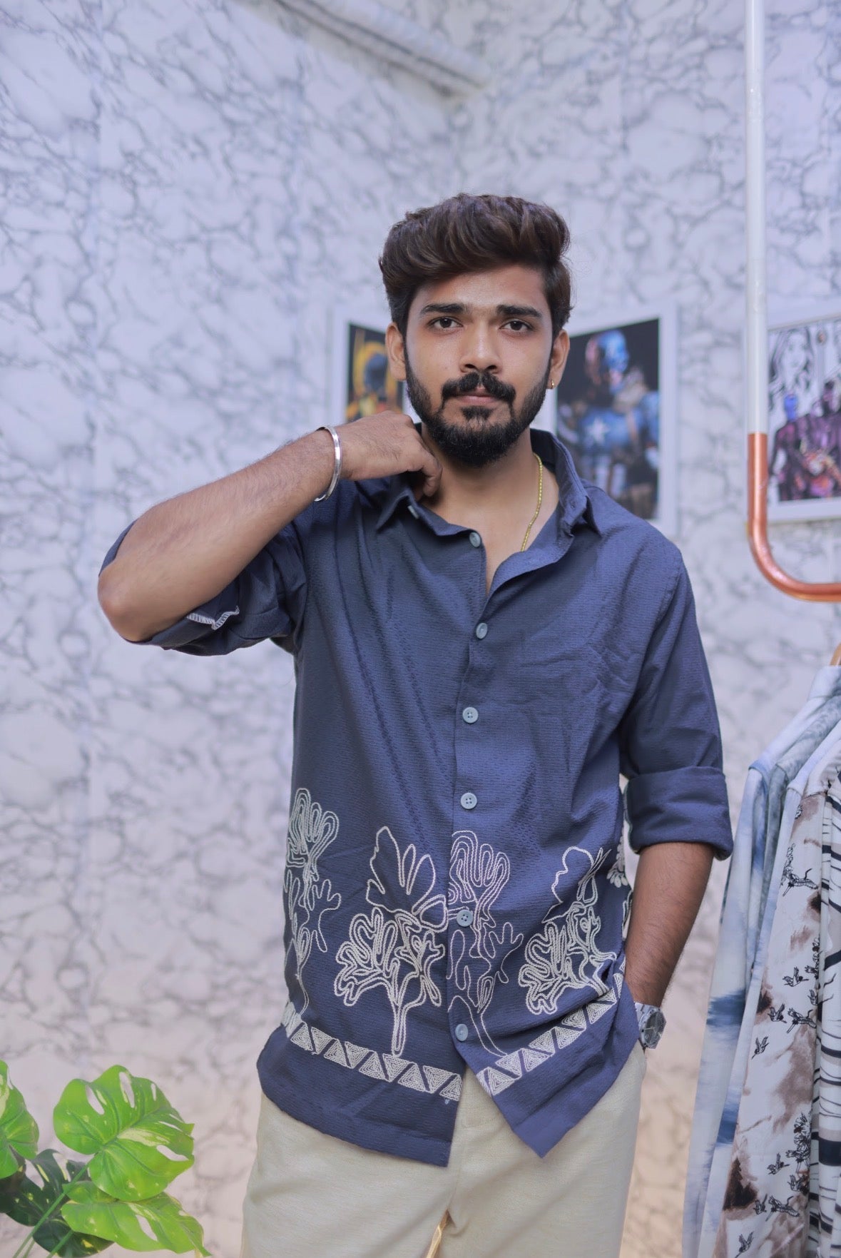 Grey-Blue Embroidery Full-Hand Shirt