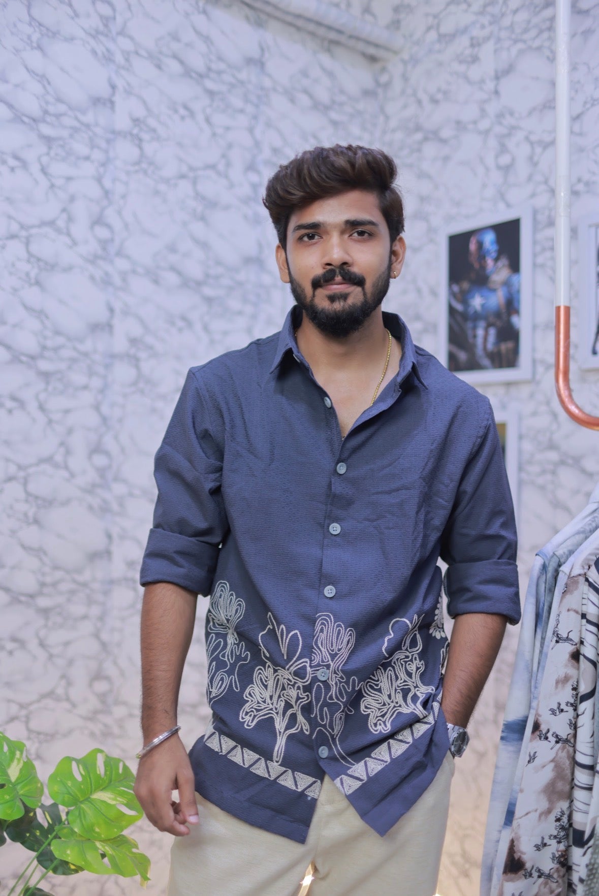 Grey-Blue Embroidery Full-Hand Shirt
