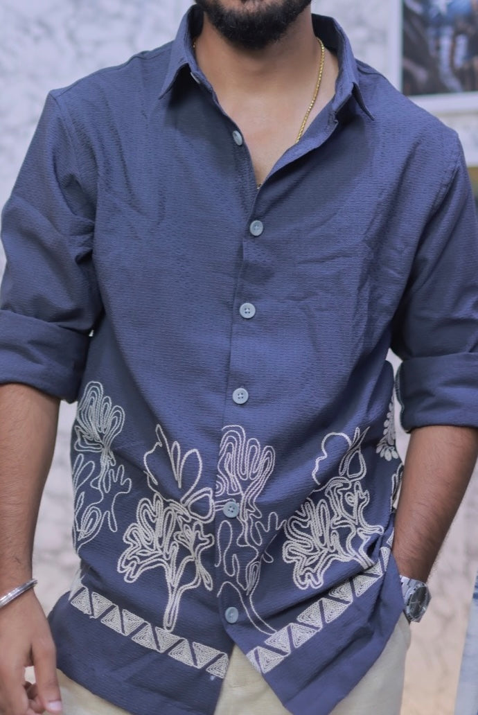 Grey-Blue Embroidery Full-Hand Shirt