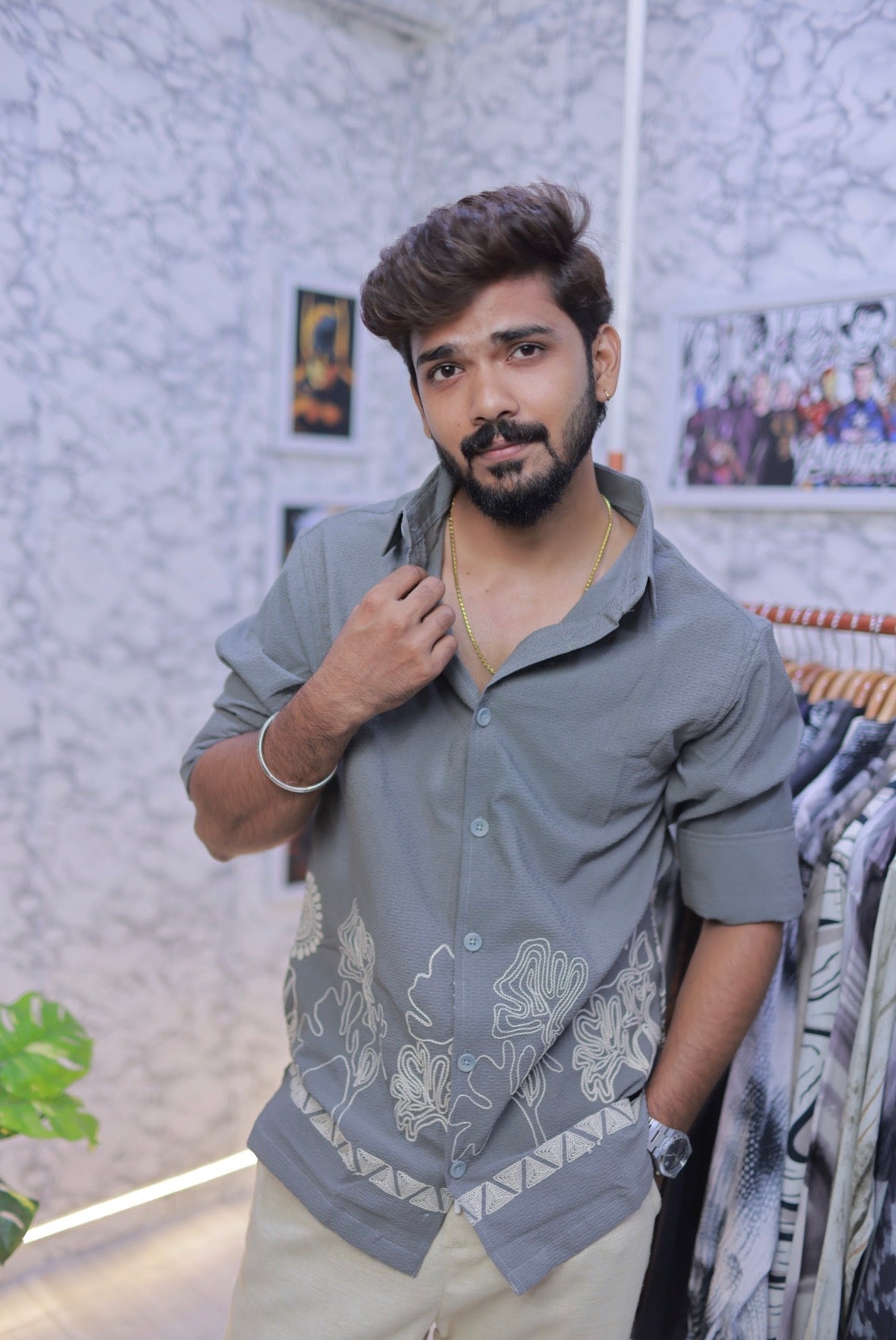 Grey Embroidery Full-Hand Shirt