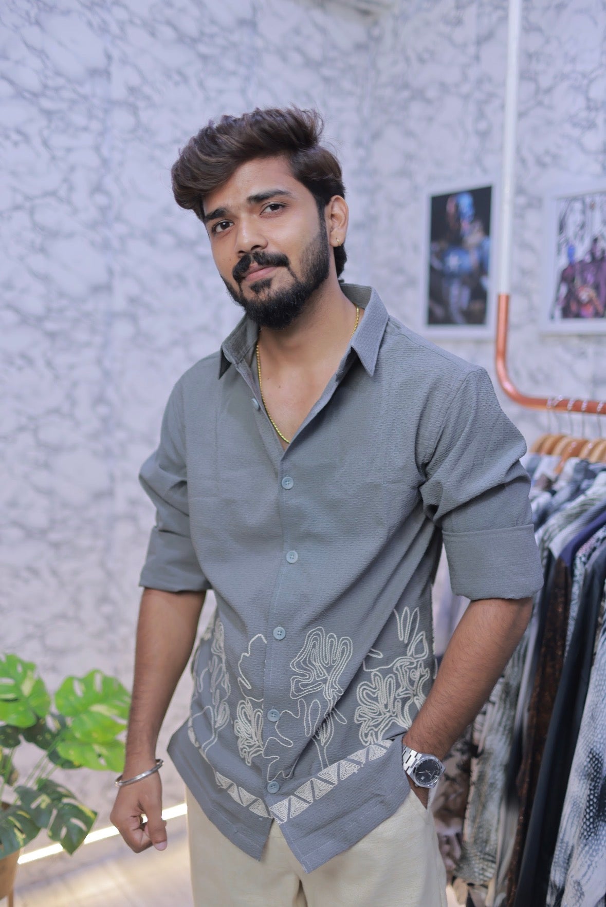 Grey Embroidery Full-Hand Shirt