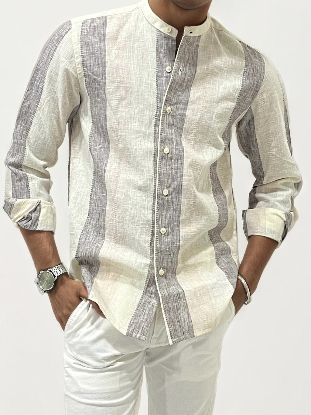 Striped Linen Mandarin Collar Shirt