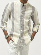 Striped Linen Mandarin Collar Shirt
