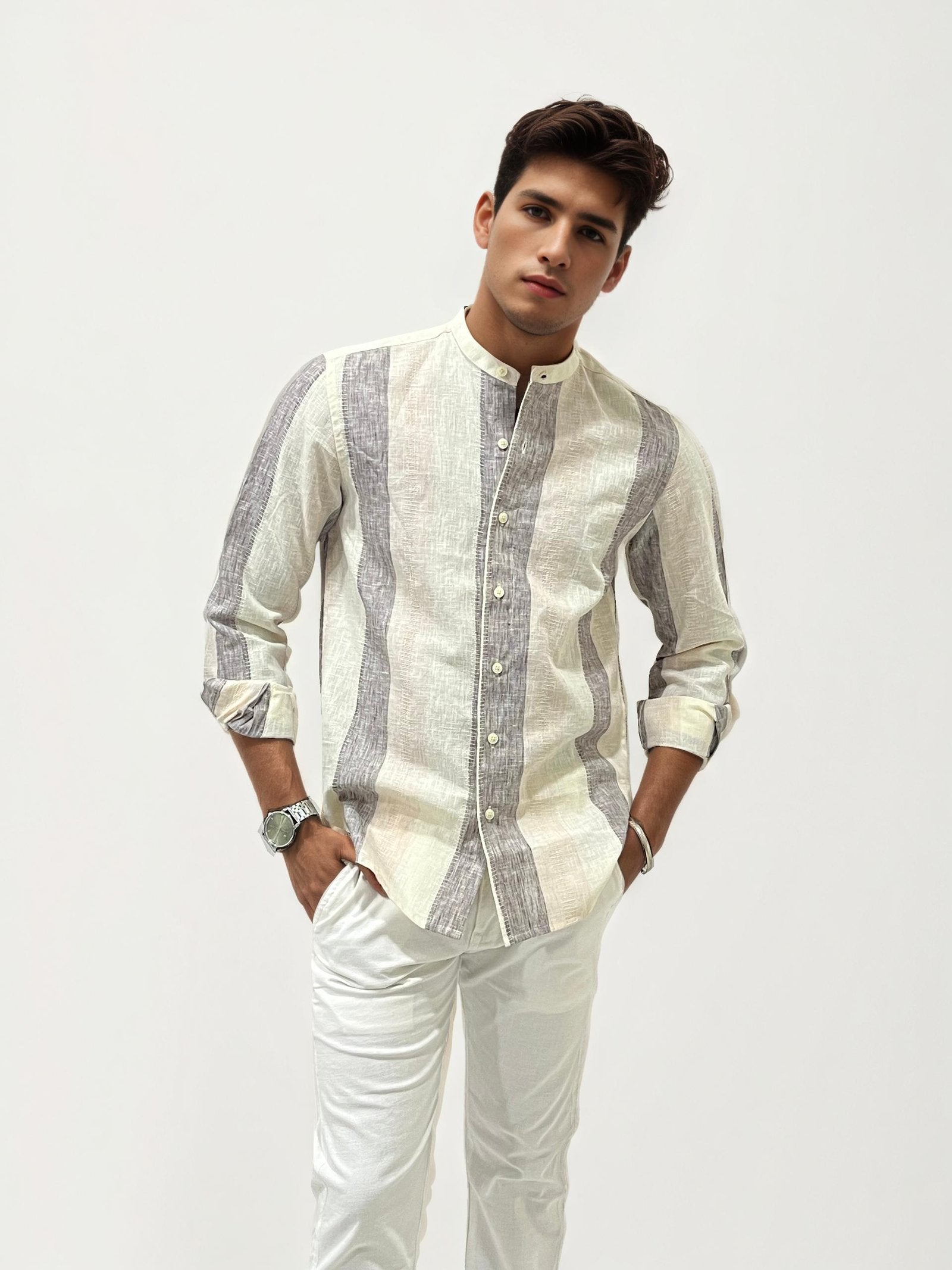 Striped Linen Mandarin Collar Shirt