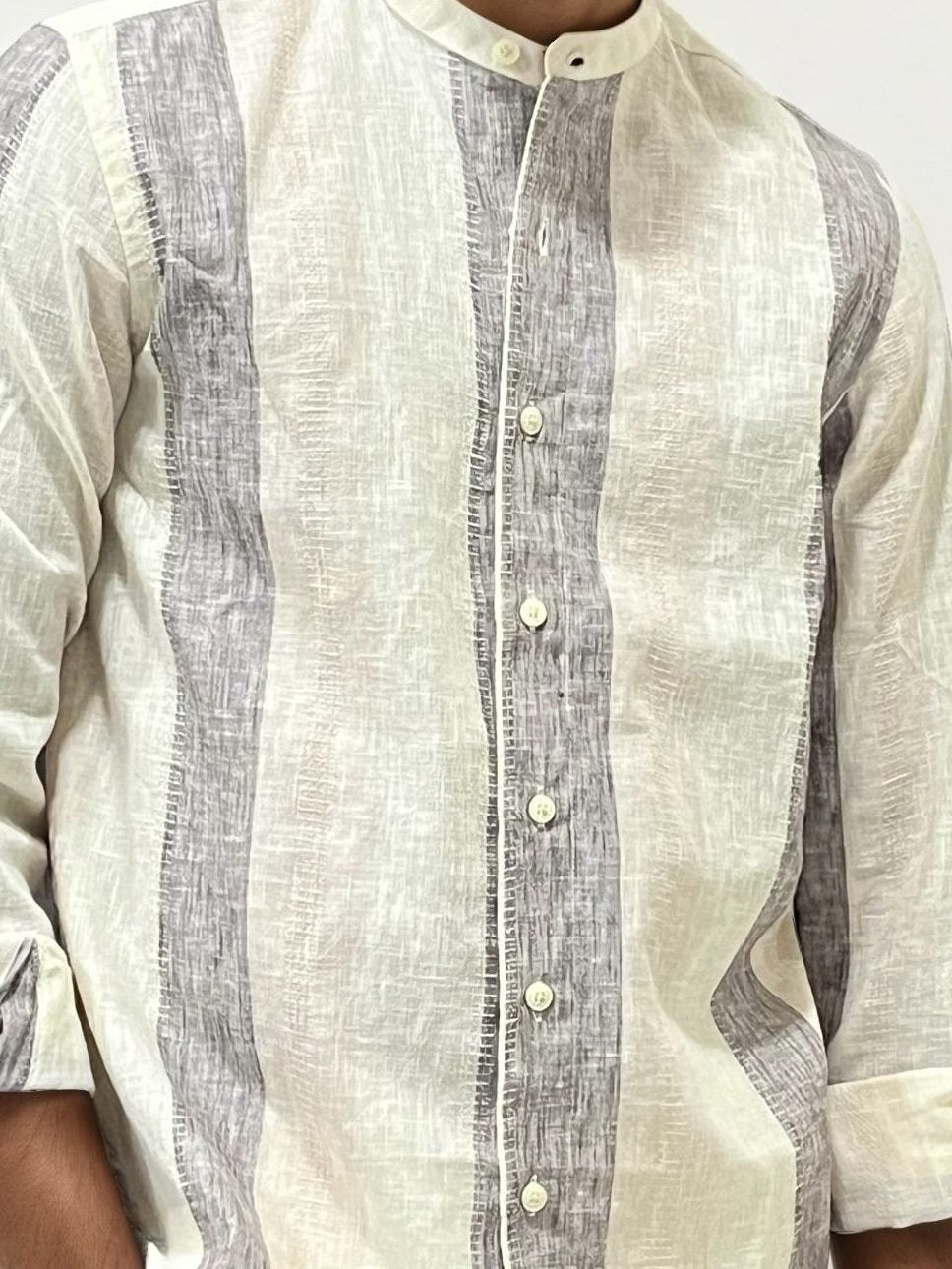 Striped Linen Mandarin Collar Shirt