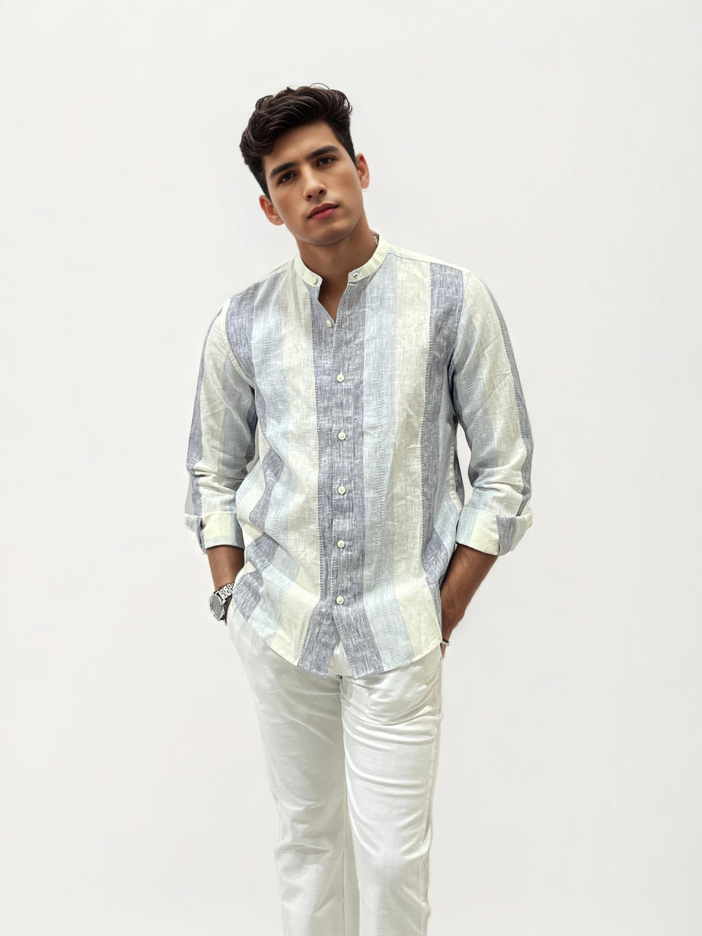Striped Linen Mandarin Collar Shirt