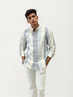 Striped Linen Mandarin Collar Shirt