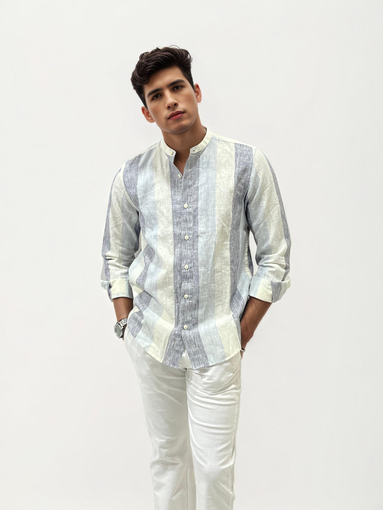Striped Linen Mandarin Collar Shirt