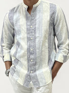 Striped Linen Mandarin Collar Shirt