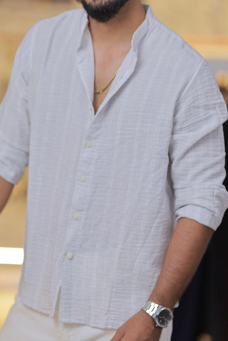 White Mandarin-Collar Full-Hand Shirt