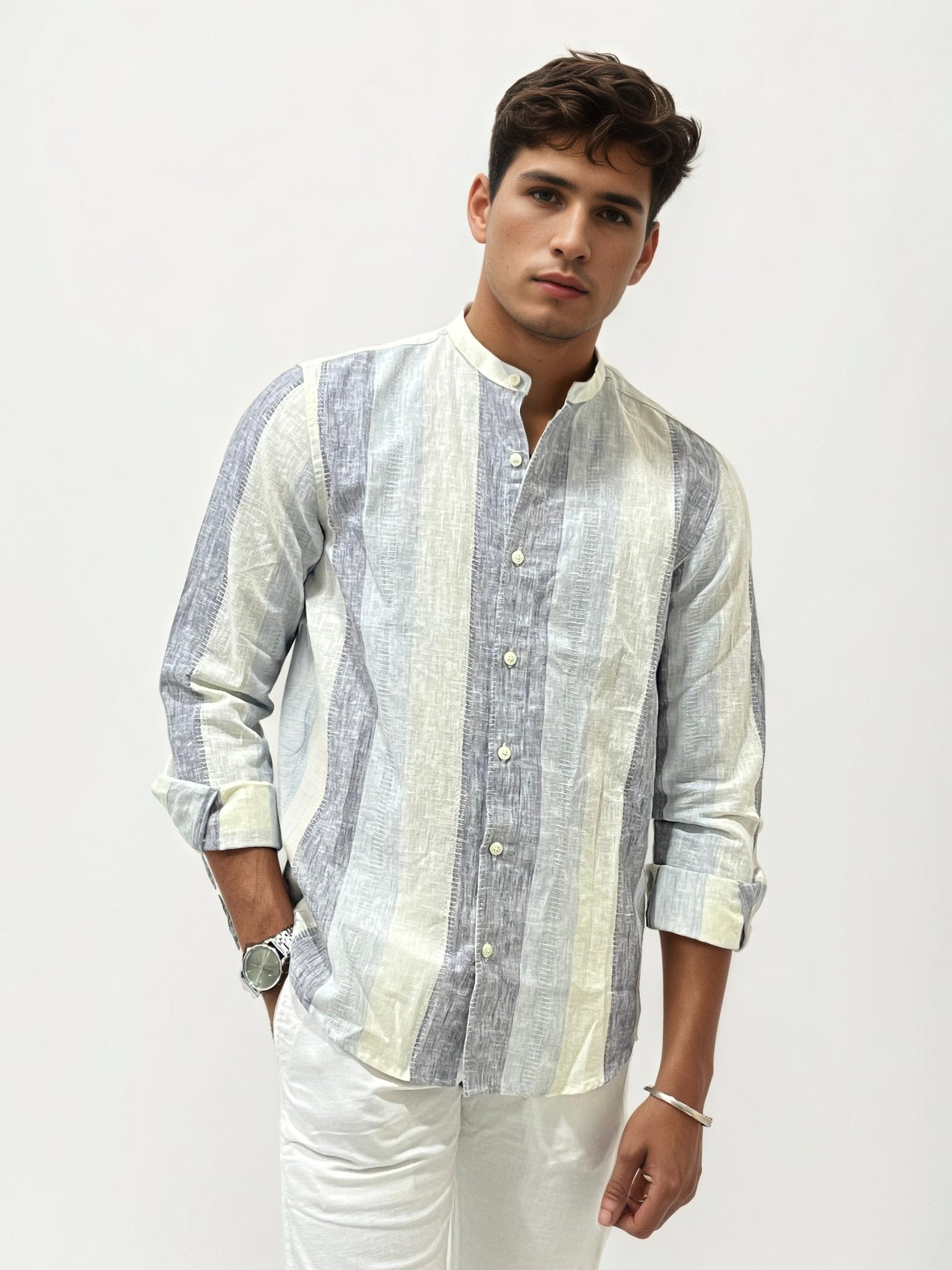 Striped Linen Mandarin Collar Shirt