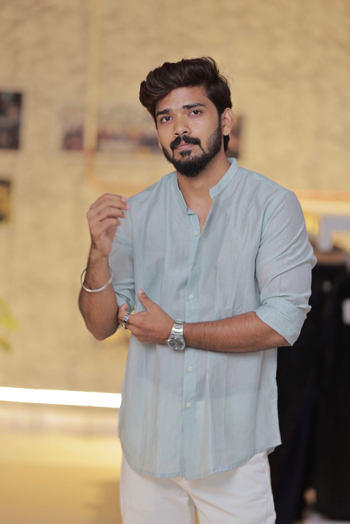 Mint-Green Mandarin-Collar Shirt