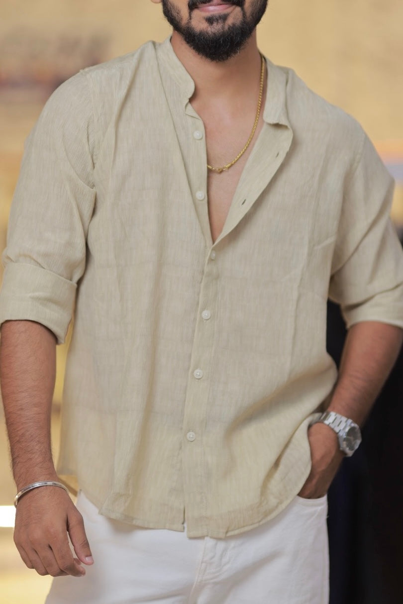 Brown Mandarin-Collar Full-Hand Shirt