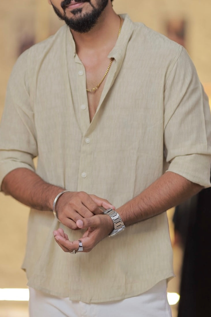 Brown Mandarin-Collar Full-Hand Shirt