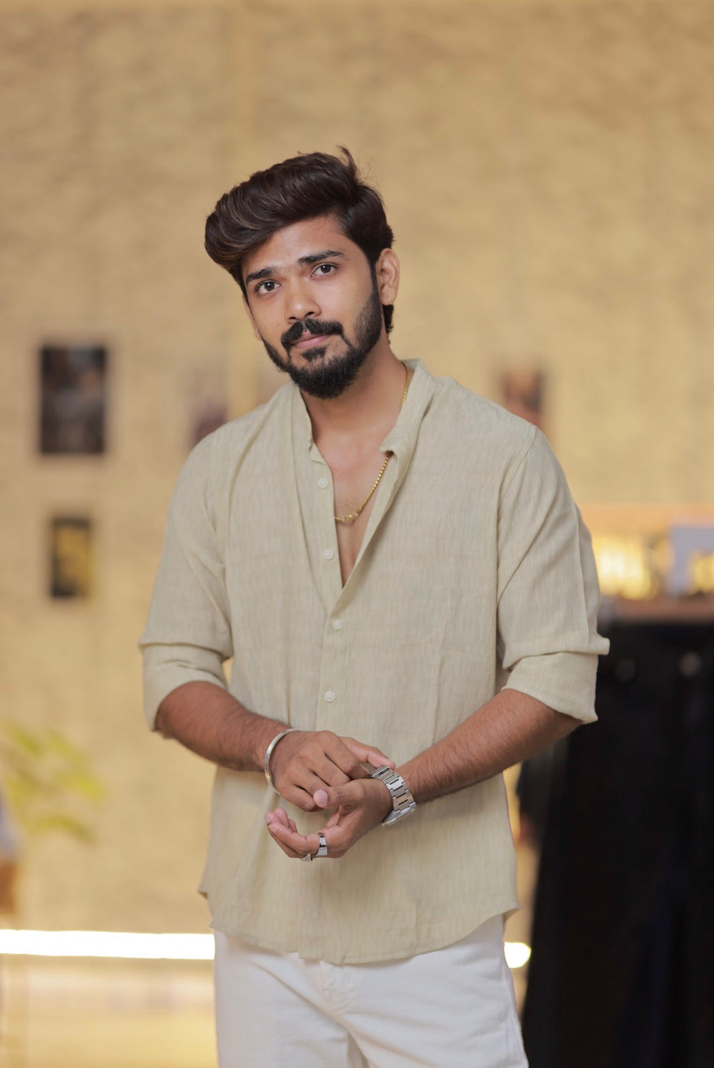 Brown Mandarin-Collar Full-Hand Shirt