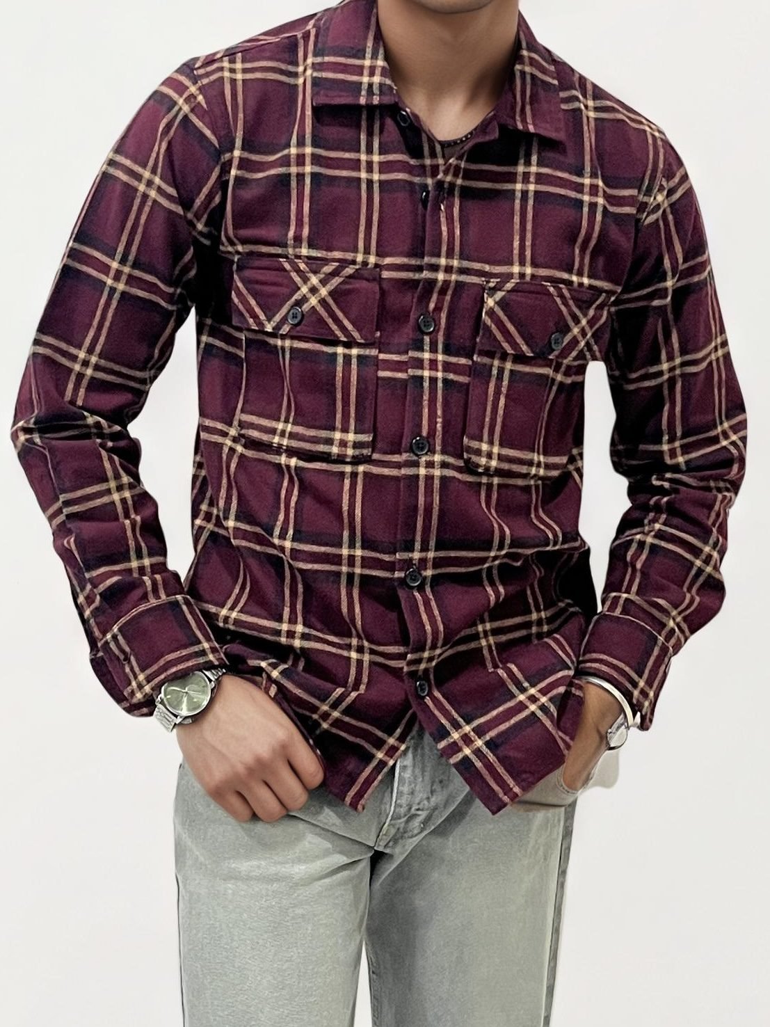 Wine Double Pocket Checked Shirt