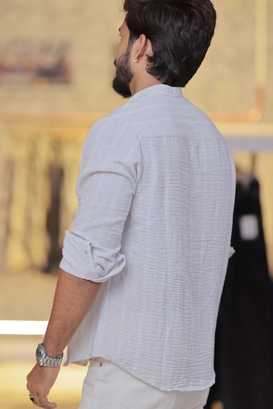 White Mandarin-Collar Full-Hand Shirt