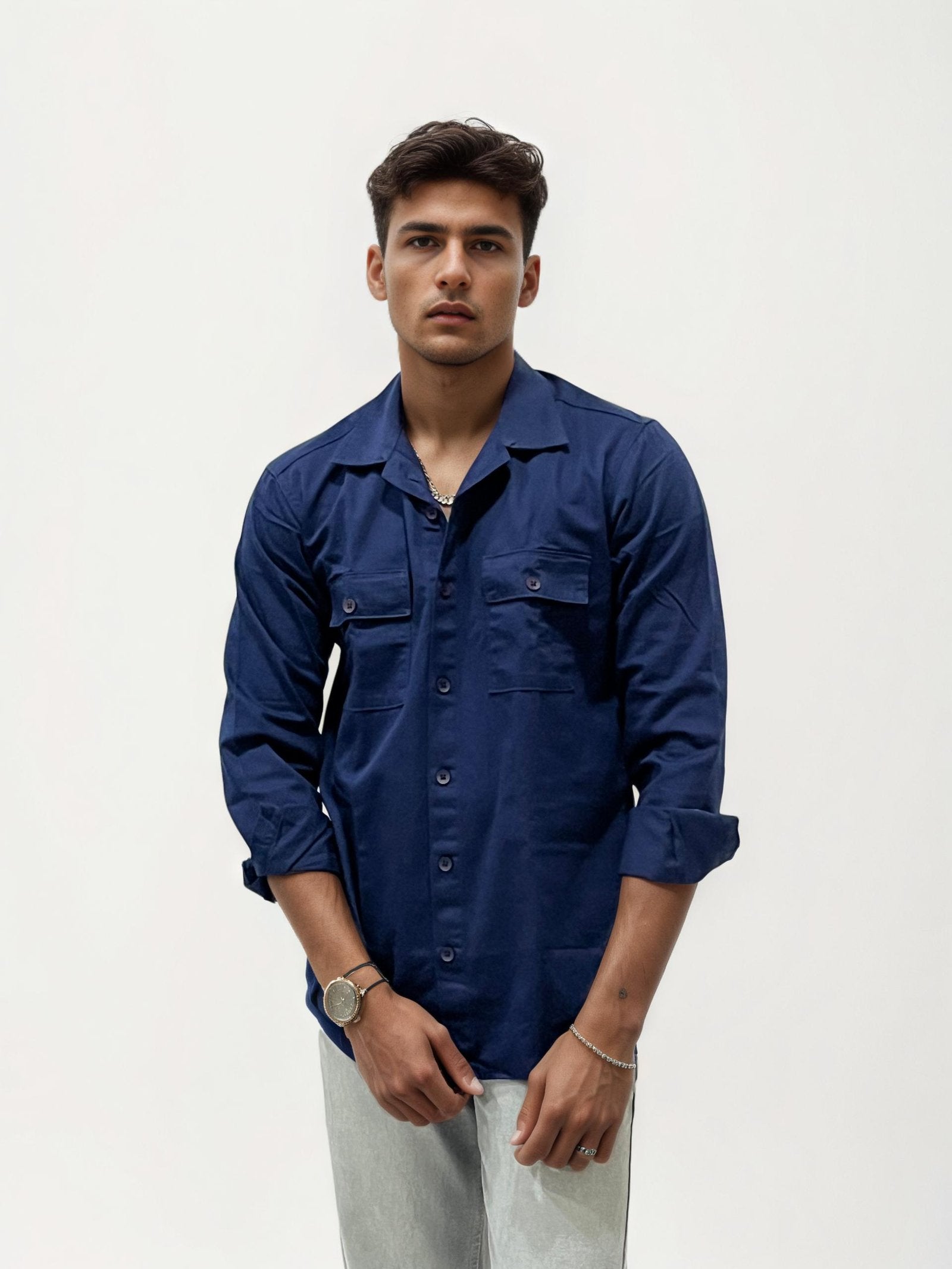 Navy Blue Double Pocket Plain Shirt