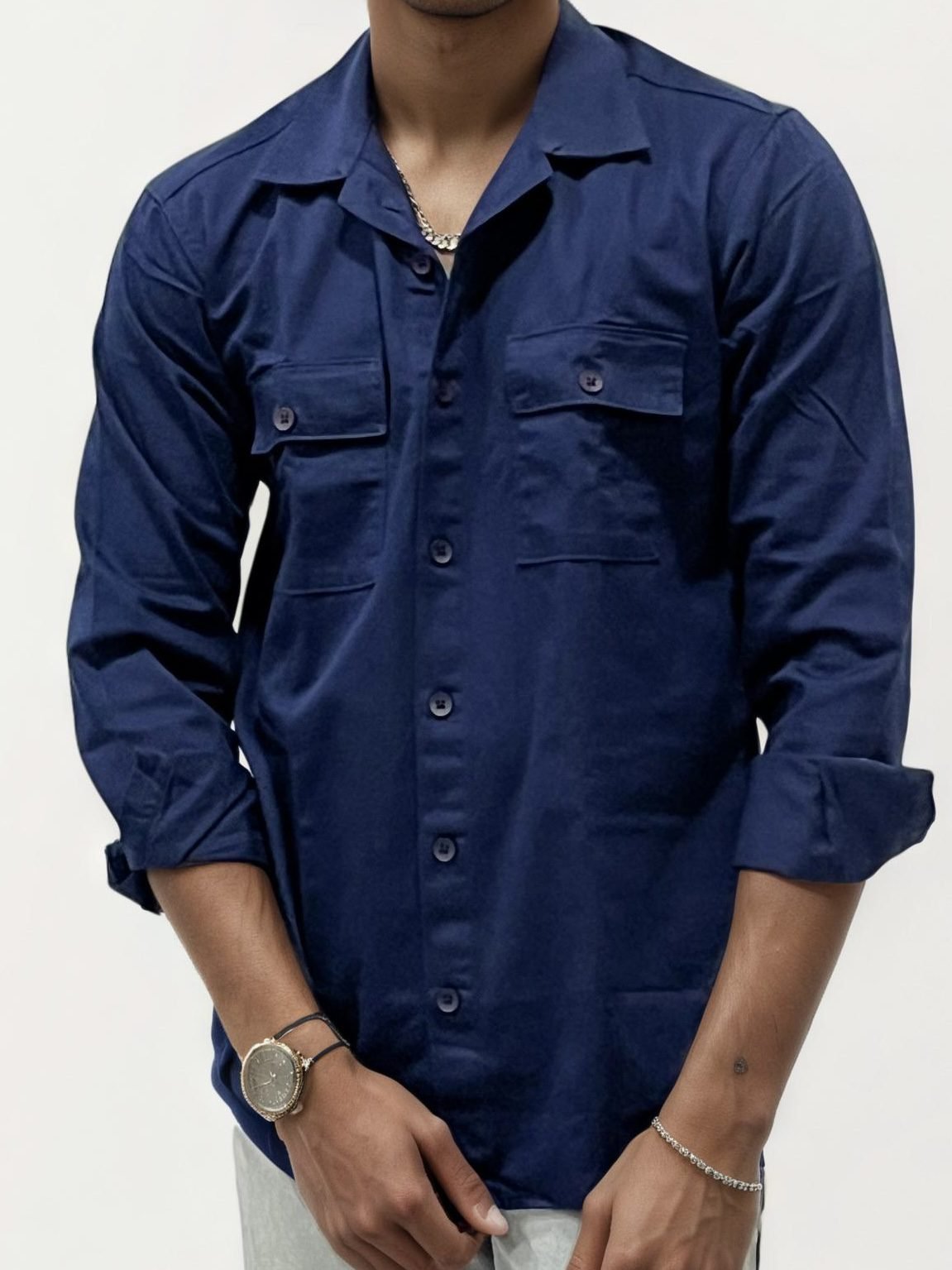 Navy Blue Double Pocket Plain Shirt