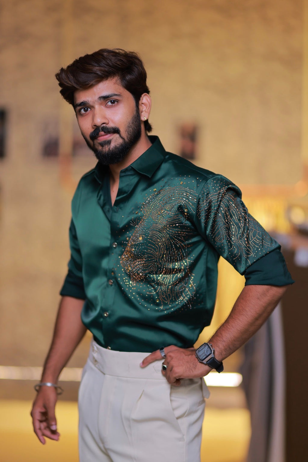 Green Lion Stone Party-Wear Shirt