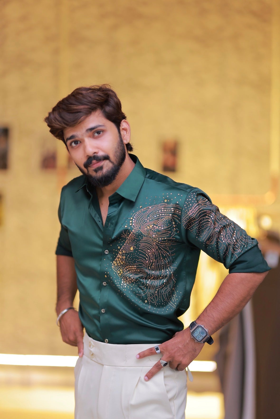 Green Lion Stone Party-Wear Shirt