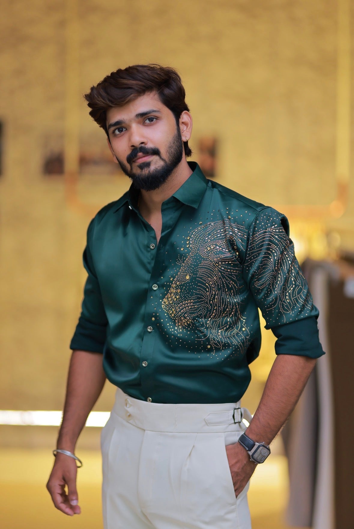 Green Lion Stone Party-Wear Shirt
