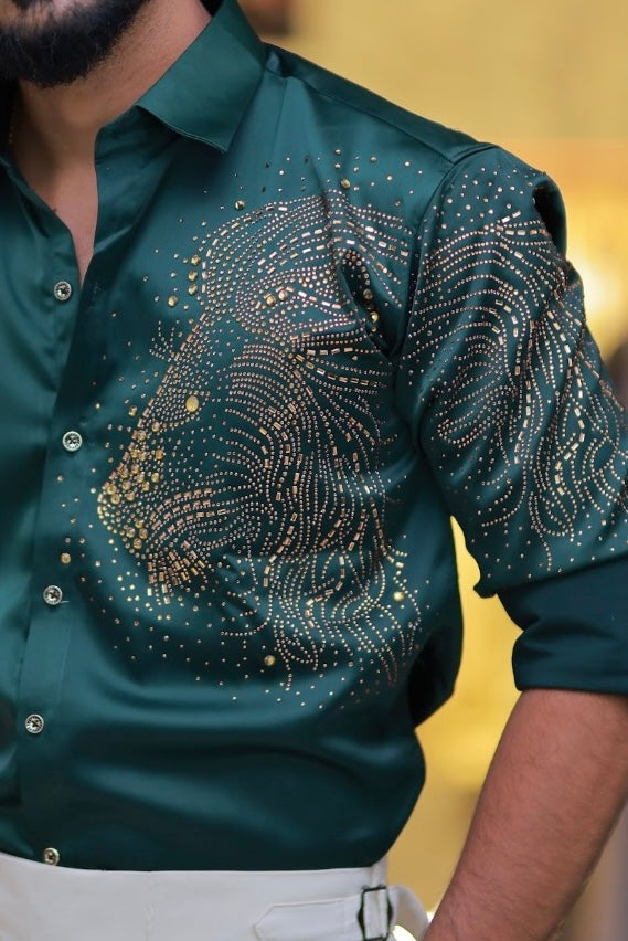 Green Lion Stone Party-Wear Shirt