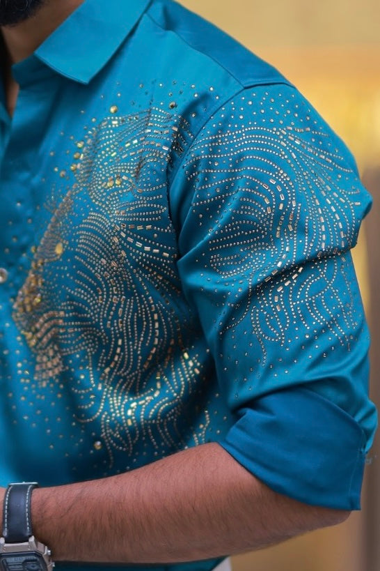 Mint-Green Lion Stone Party-Wear Shirt