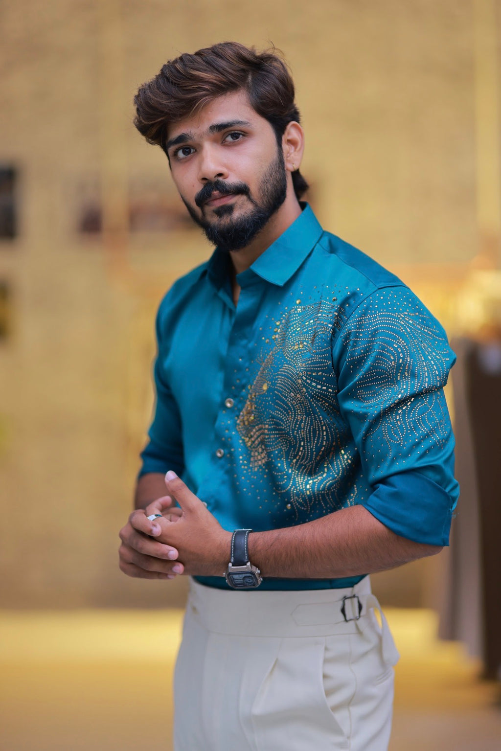 Mint-Green Lion Stone Party-Wear Shirt
