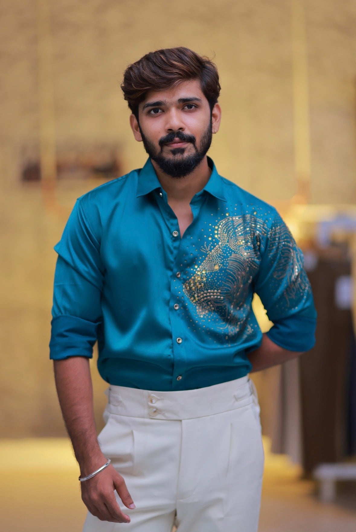 Mint-Green Lion Stone Party-Wear Shirt
