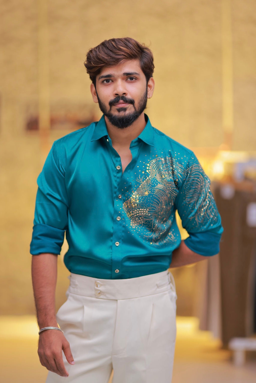 Mint-Green Lion Stone Party-Wear Shirt