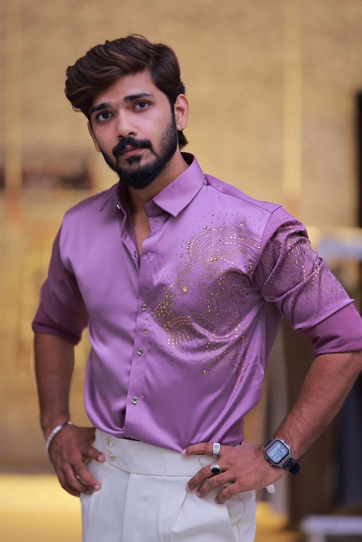 Onion-Pink Lion Stone Party-Wear Shirt