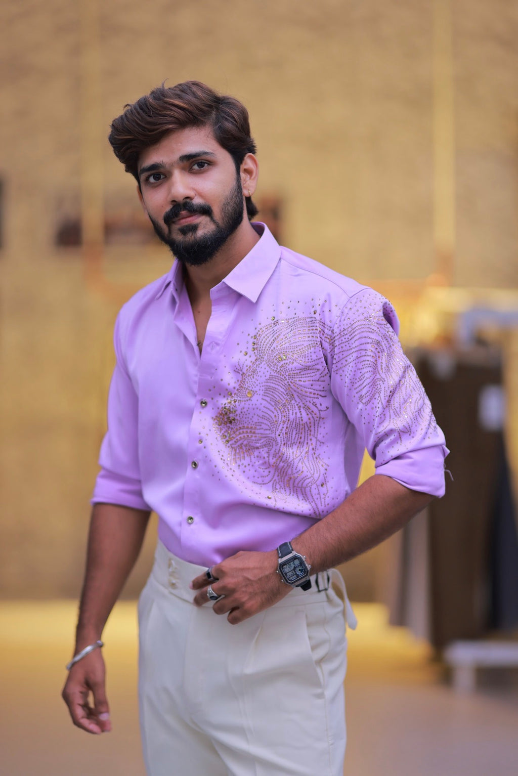 Baby-Pink Lion Stone Party-Wear Shirt