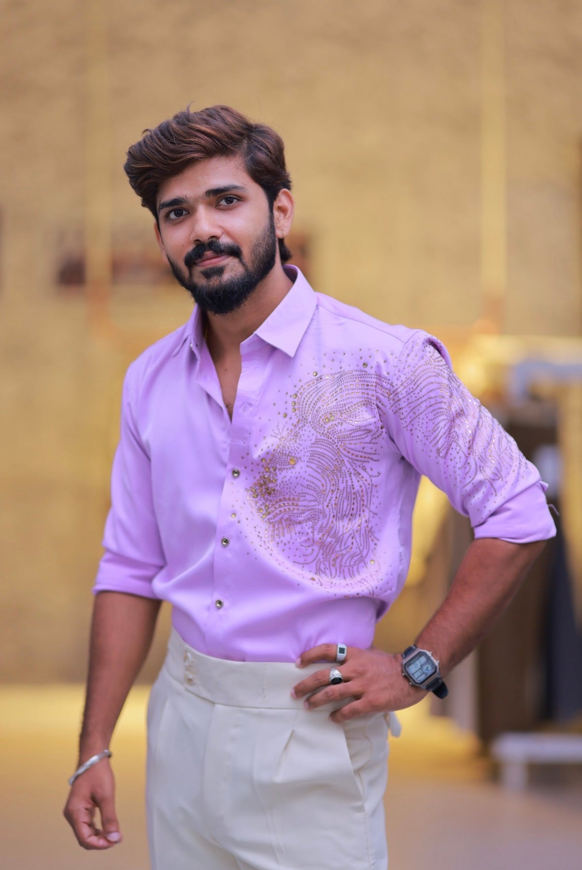 Baby-Pink Lion Stone Party-Wear Shirt