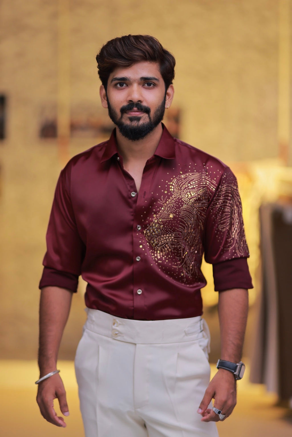 Wine Lion Stone Party-Wear Shirt
