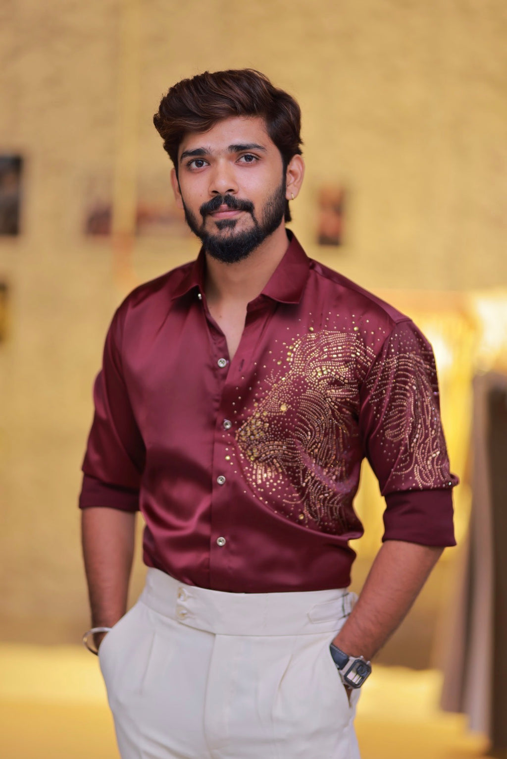 Wine Lion Stone Party-Wear Shirt