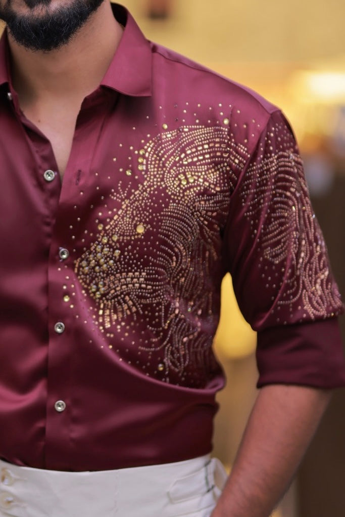 Wine Lion Stone Party-Wear Shirt