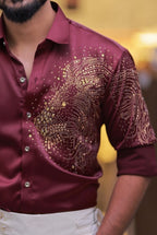 Wine Lion Stone Party-Wear Shirt