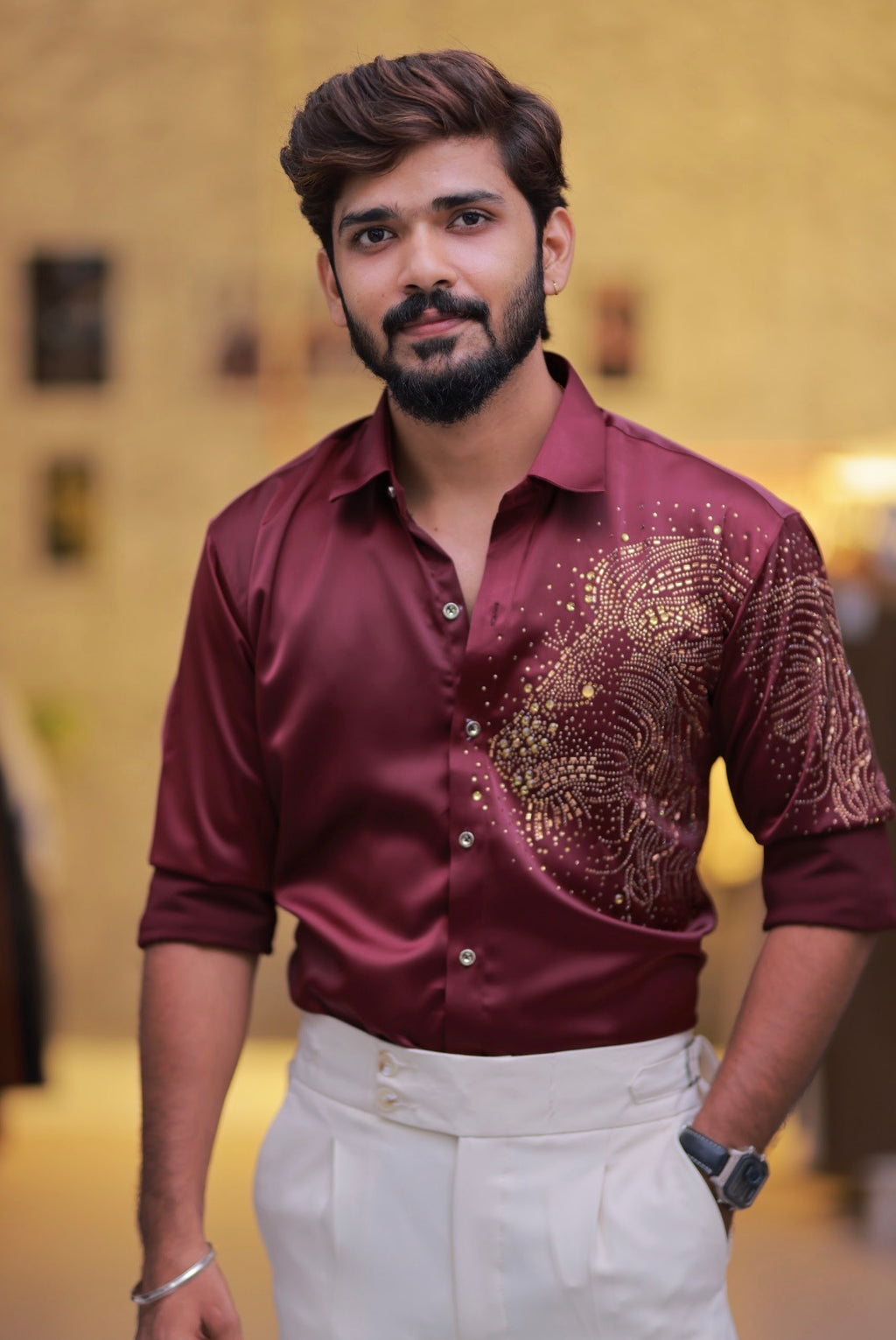 Wine Lion Stone Party-Wear Shirt