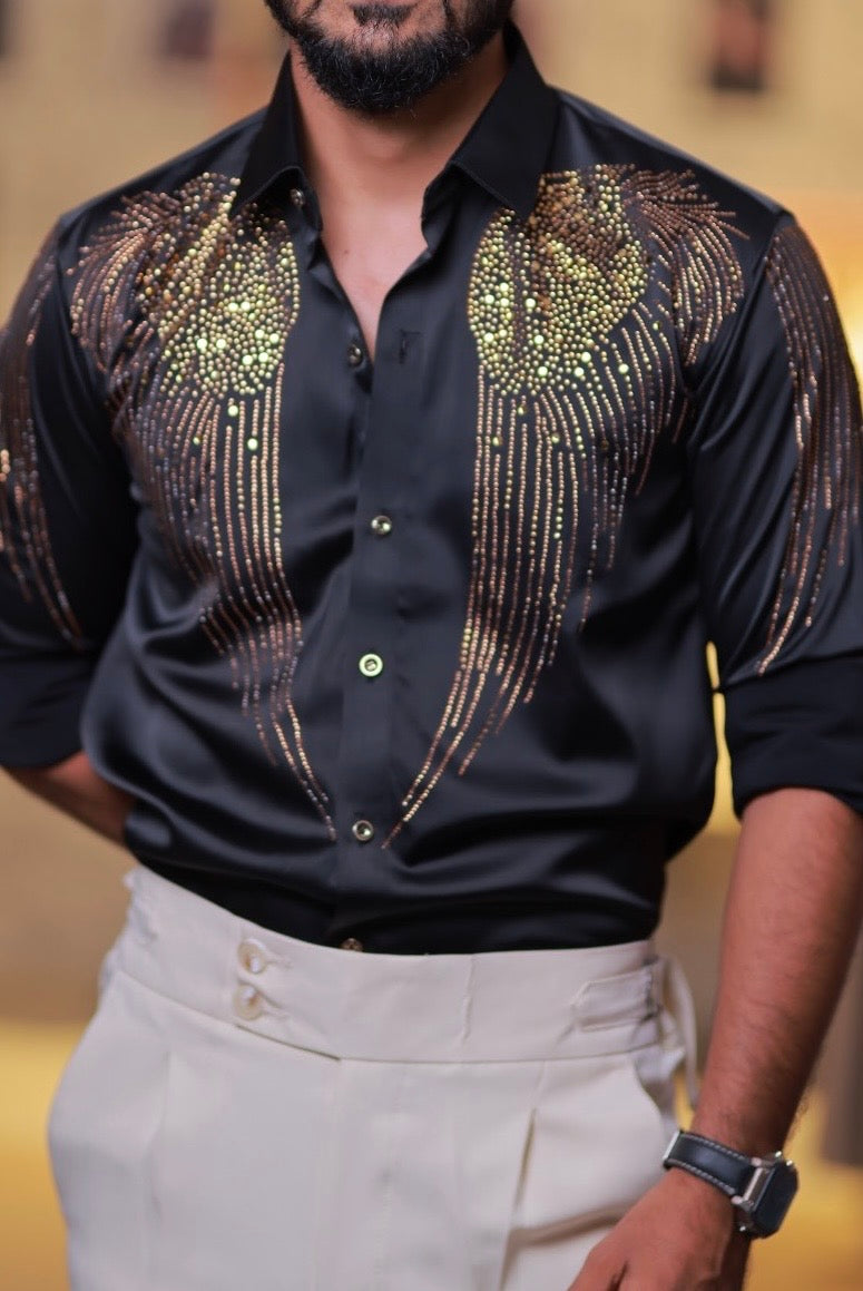Black Wings Stone Party-Wear Shirt