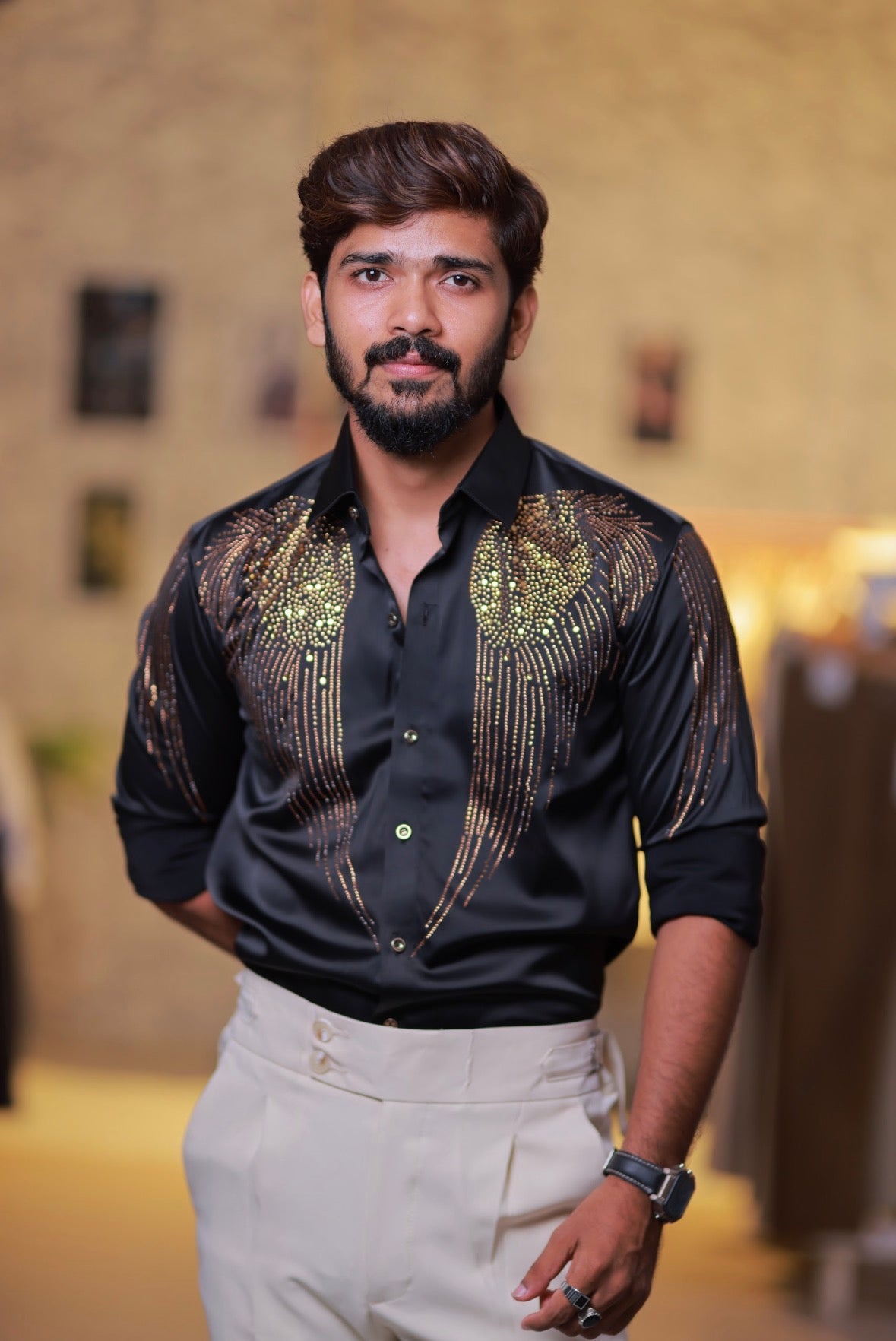 Black Wings Stone Party-Wear Shirt