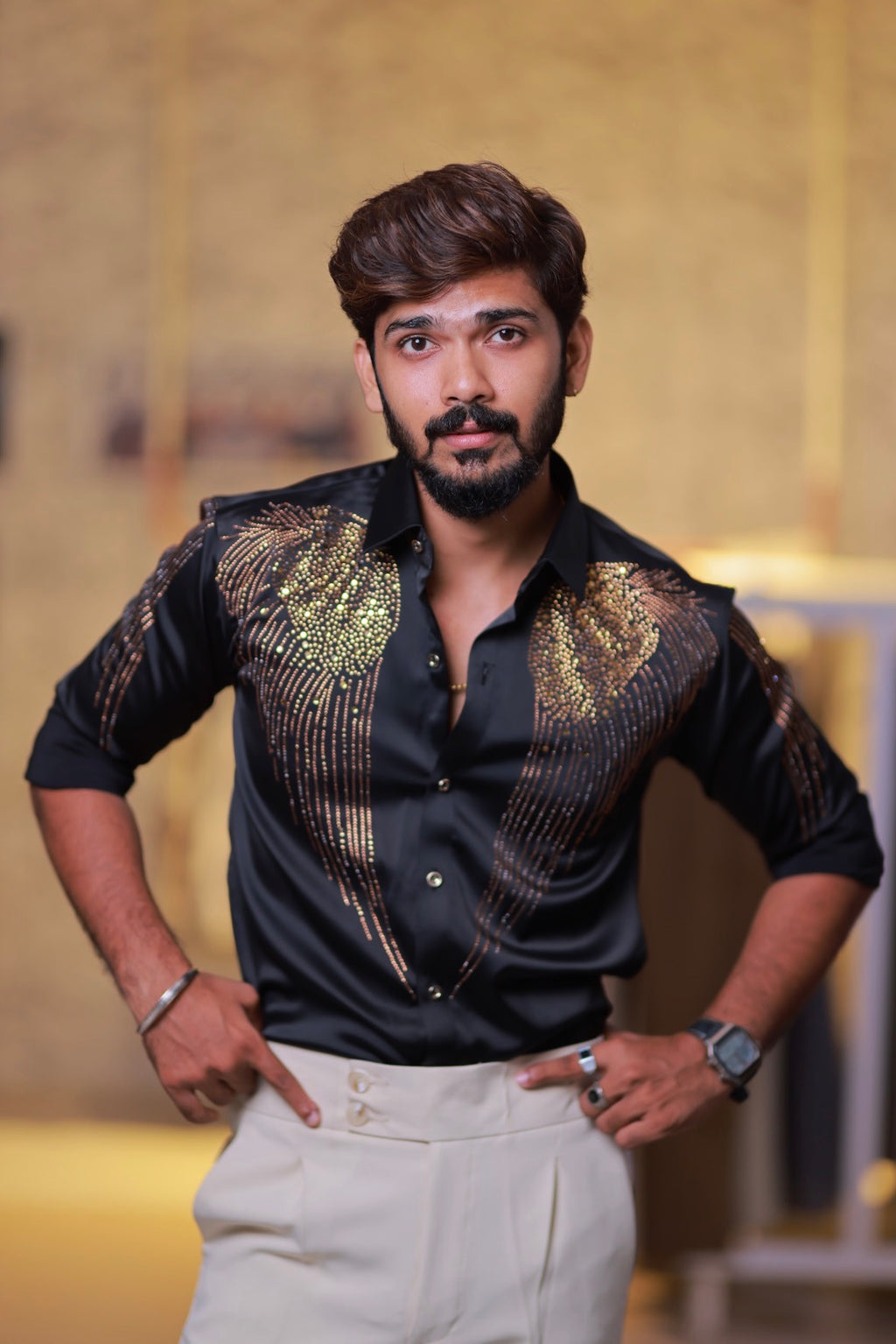 Black Wings Stone Party-Wear Shirt